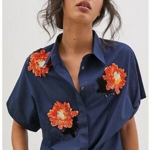 Anthropologie Dhruv Kapoor Floral Beaded Buttondown Blouse Small B-1140